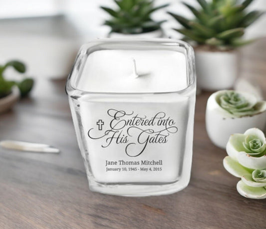 Entered Into His Gates Glass Cube Memorial Candle - The Funeral Program Site