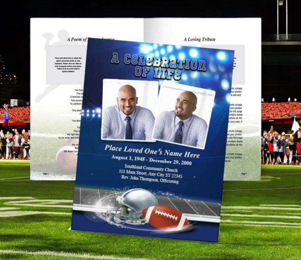 Navy Blue-Silver Football Team Color Funeral Booklet Template