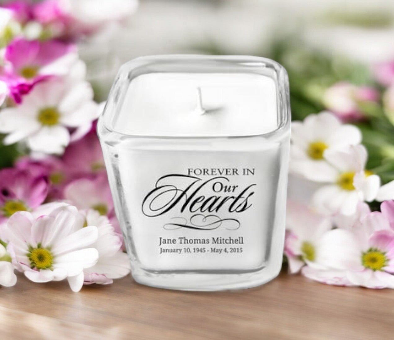 Forever In Our Hearts Personalized Glass Cube Candle - The Funeral Program Site
