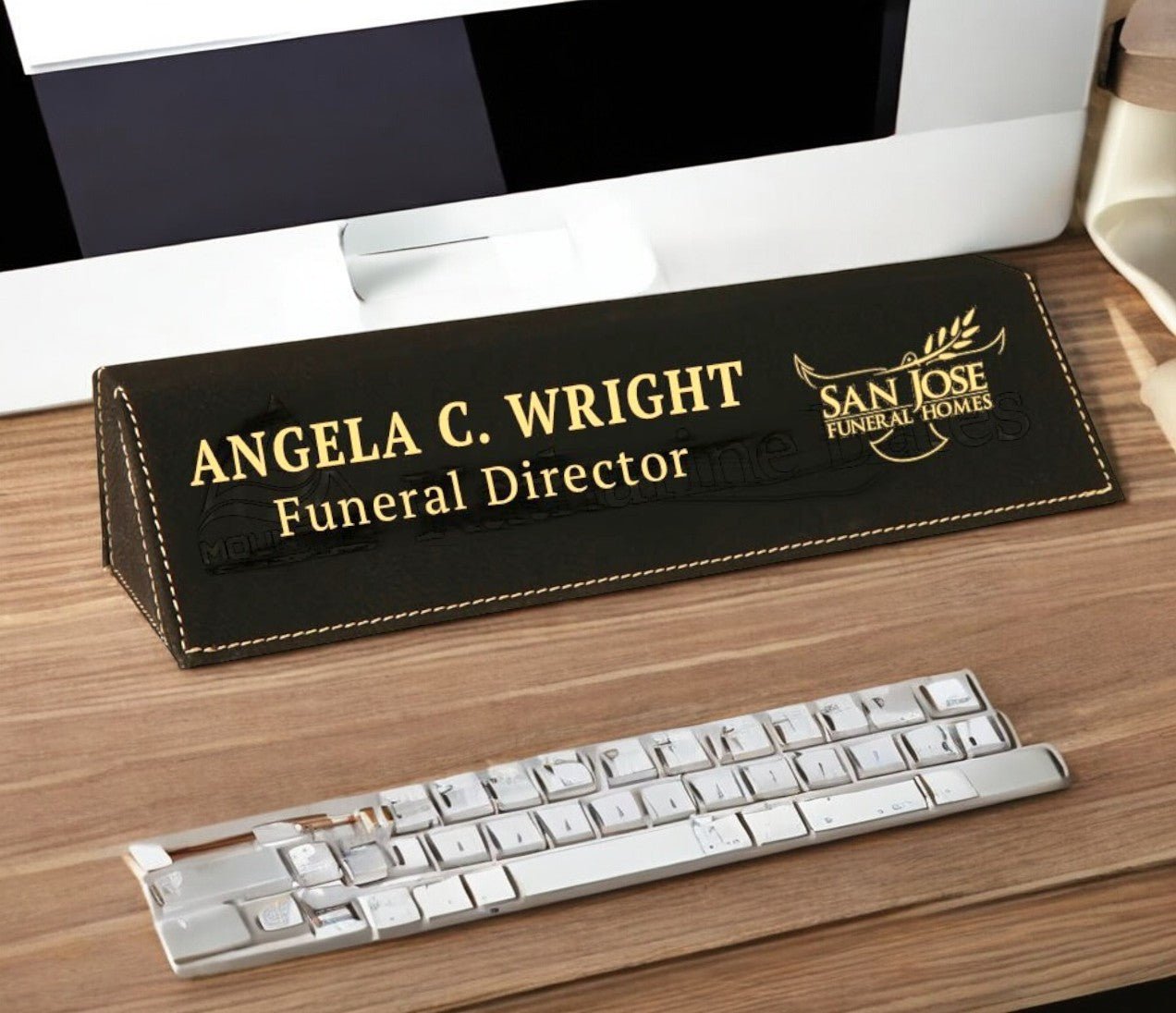 Funeral Home Black - Gold Leather Name Plate Desk Wedge - The Funeral Program Site
