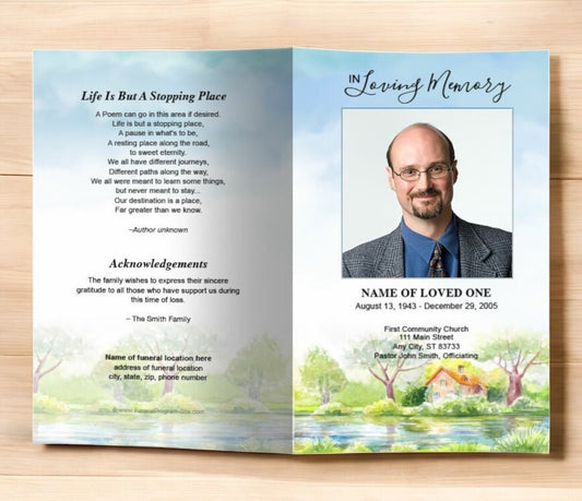 River Watercolor Funeral Program Template