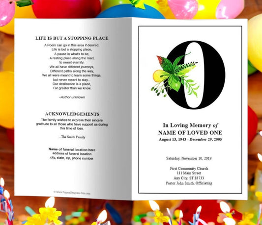 Monogram O Leaves Funeral Program Template