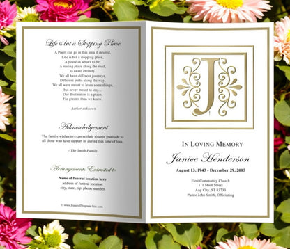 Monogram Gold J Funeral Program Template