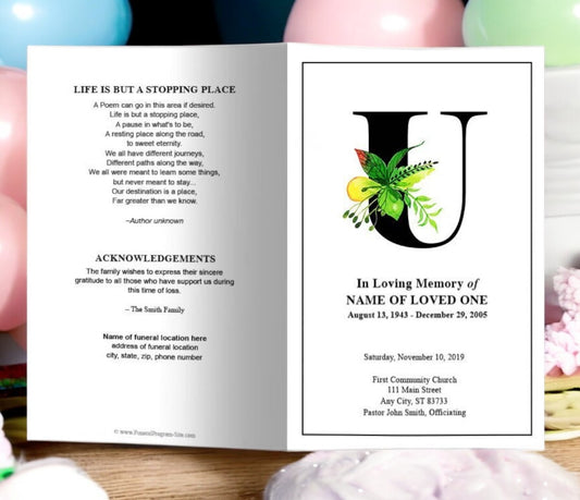 Monogram U Leaves Funeral Program Template