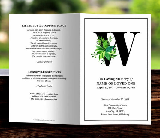 Monogram W Leaves Funeral Program Template
