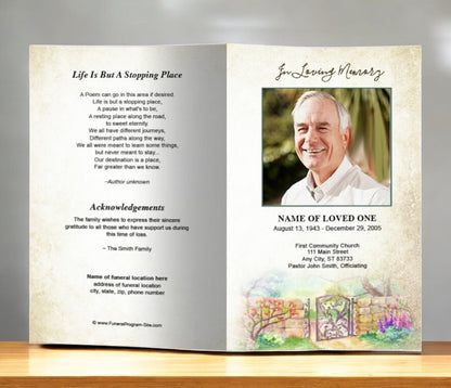 Garden Gate Watercolor Funeral Program Template