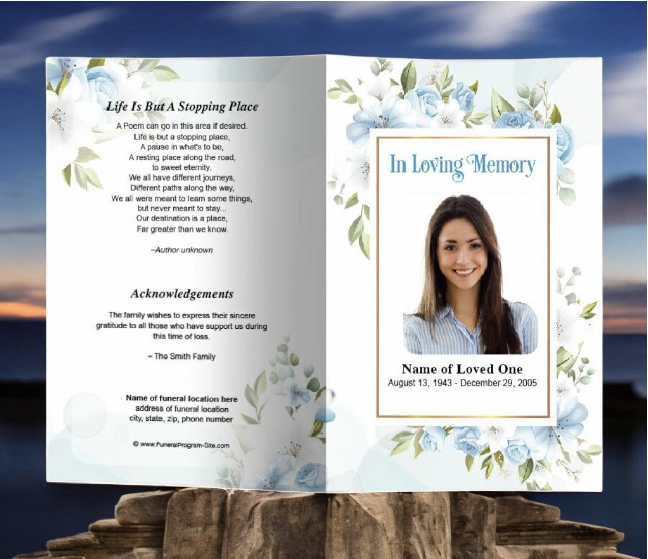 Blue Blossom Watercolor Funeral Program Template