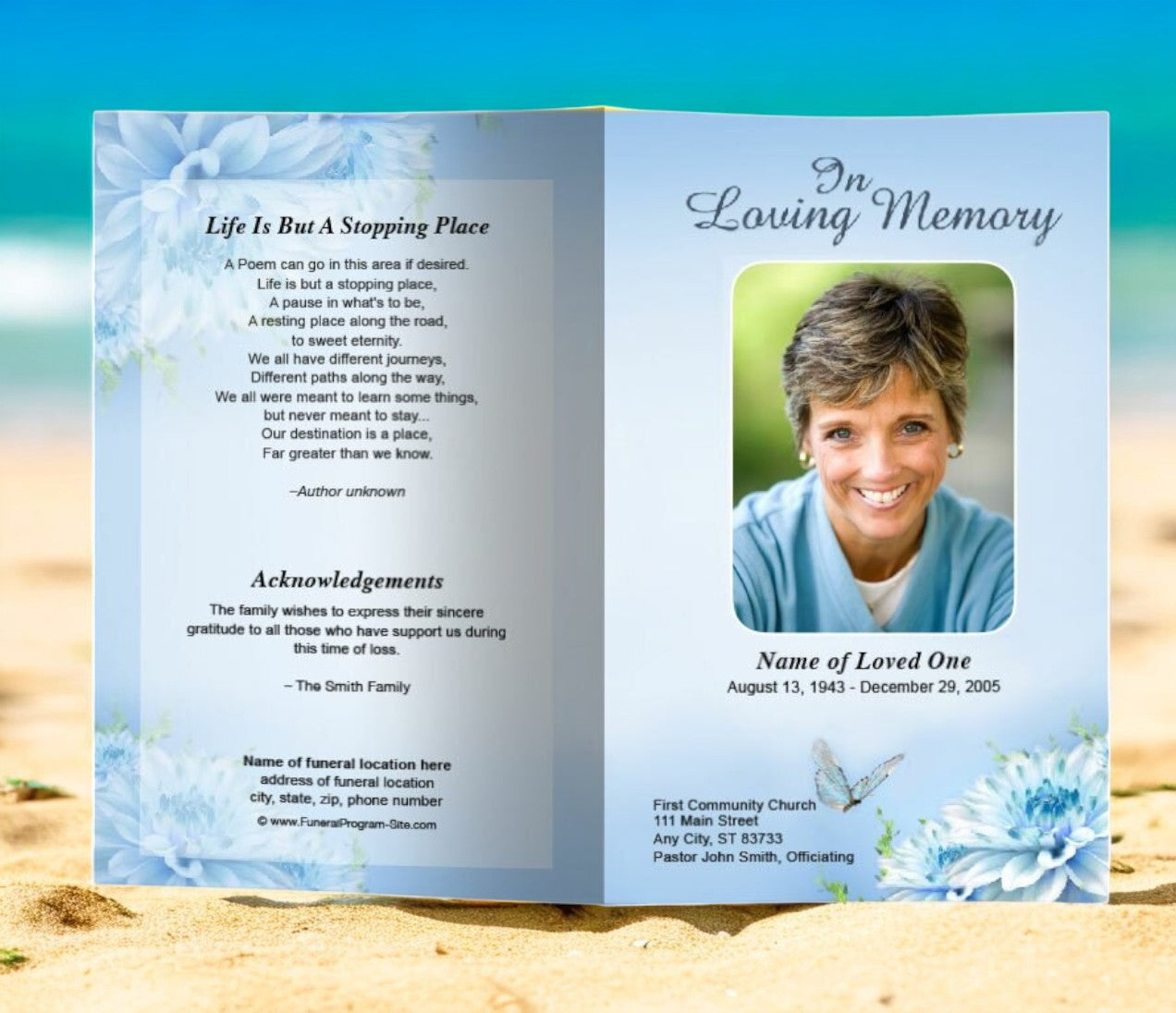 Blue Florals Funeral Program Template