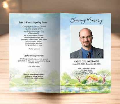 River Watercolor Funeral Program Template