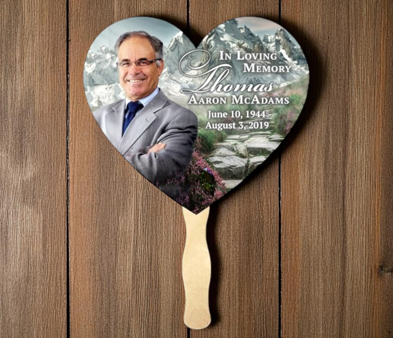 Grand Mountain Memorial Fan With Wooden Handle (Pack of 10)