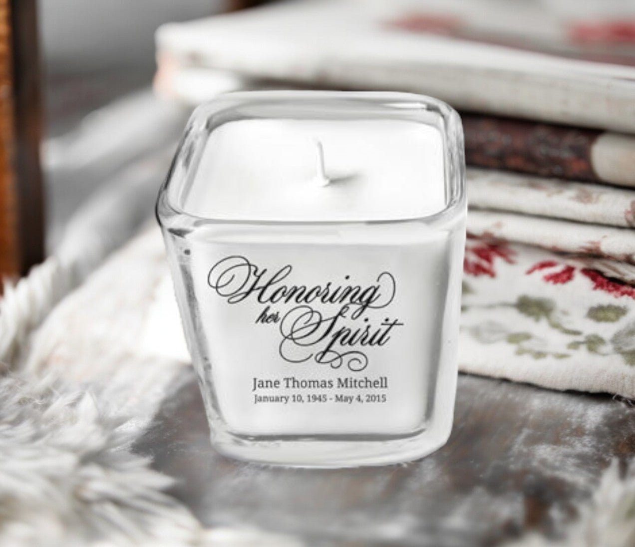 Honoring Her Spirit Glass Cube Memorial Candle - The Funeral Program Site