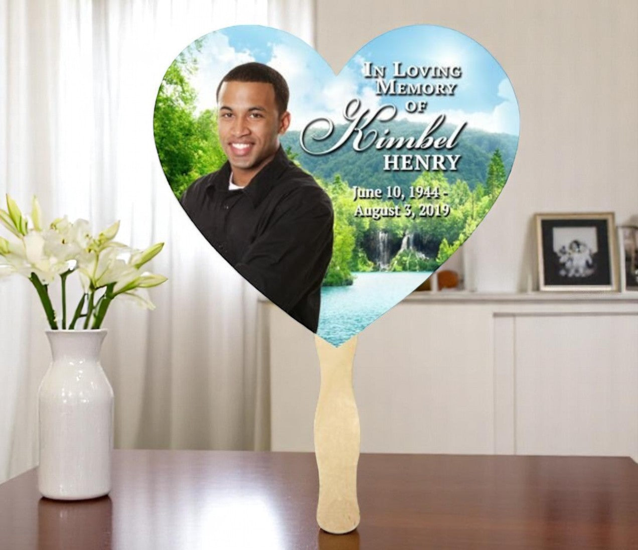 Majestic Lake Memorial Fan With Wooden Handle (Pack of 10)