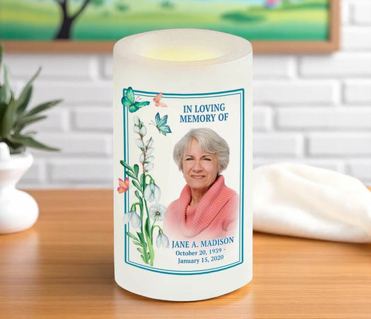 Butterfly Florals Personalized Flameless LED Memorial Candle
