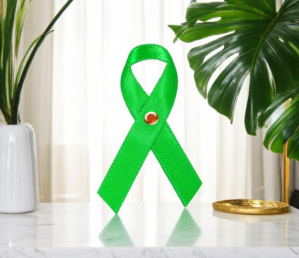 Mini Lime Green Cancer Ribbon, Awareness Ribbons - Pack of 10