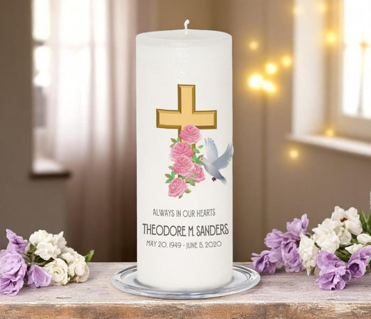 Cross Dove Personalized Wax Memorial Candle