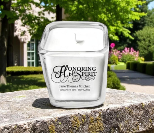 Honoring His Spirit Glass Cube Memorial Candle