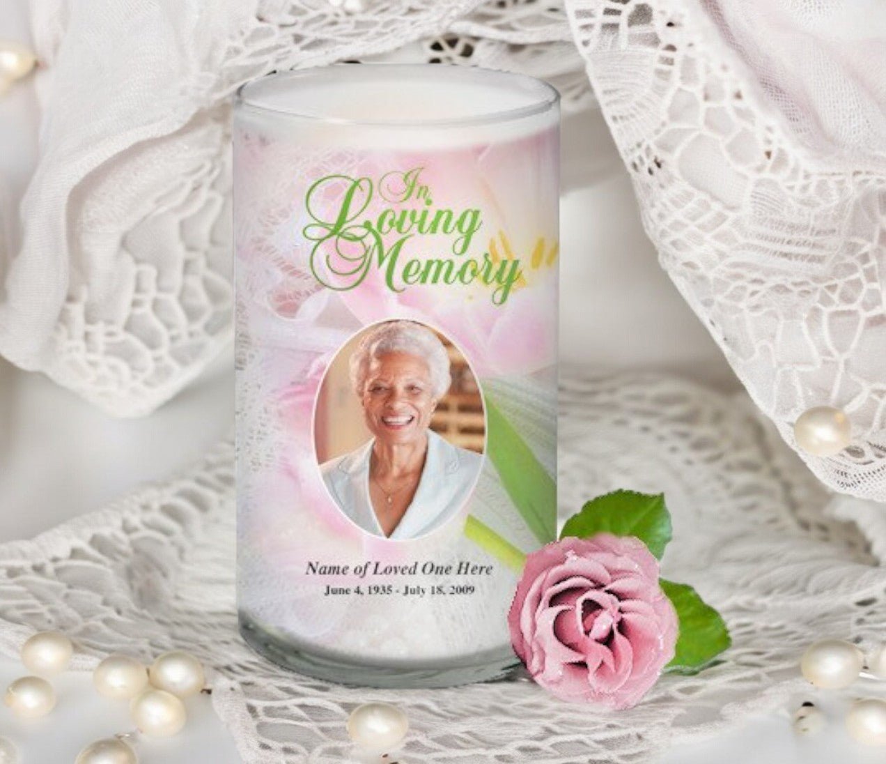Pearls Personalized Glass Memorial Candle - The Funeral Program Site