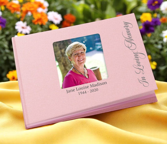 Vertical Script Linen Landscape Funeral Guest Book