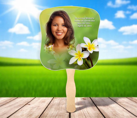 Plumeria Memorial Fan With Wooden Handle (Pack of 10)