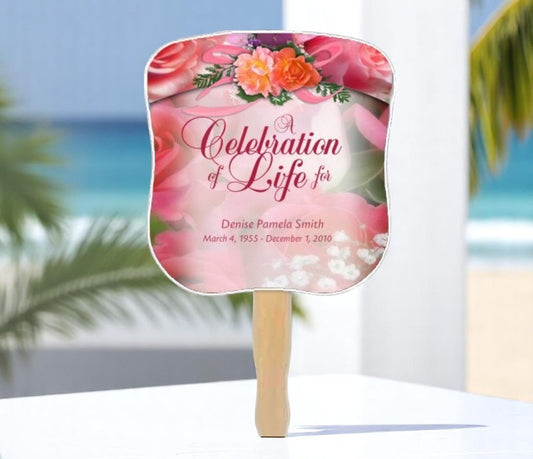Rosy Memorial Fan With Wooden Handle (Pack of 10)