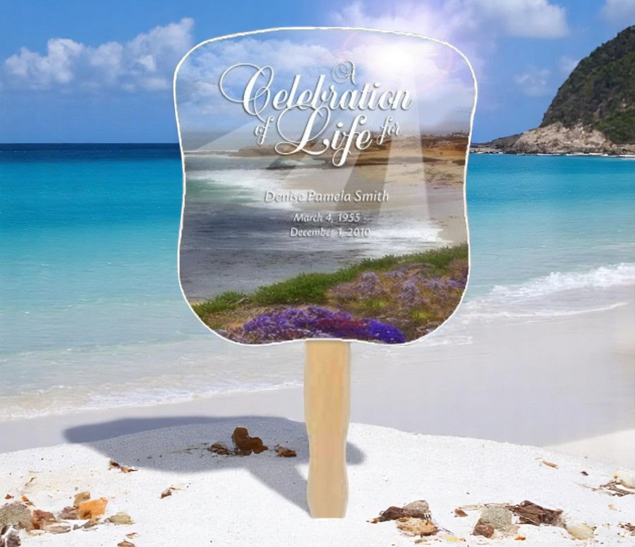 Seascape Memorial Fan With Wooden Handle (Pack of 10)