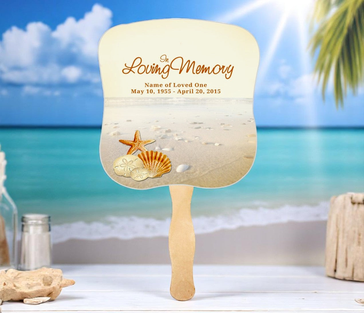 Seashore Memorial Fan With Wooden Handle (Pack of 10)