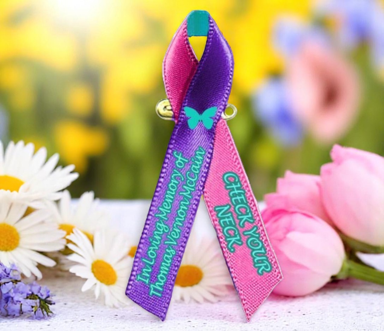 Personalized Thyroid Cancer Ribbon - Pink, Purple, Teal (Pack of 10)