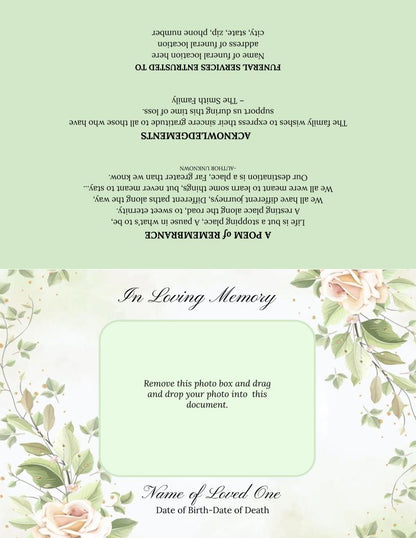 Rose Branches Top Fold Google Docs Funeral Program Template.