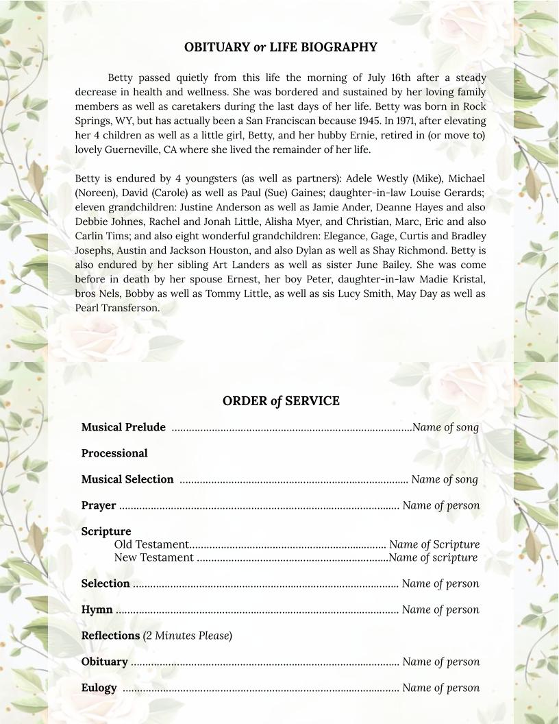 Rose Branches Top Fold Google Docs Funeral Program Template.