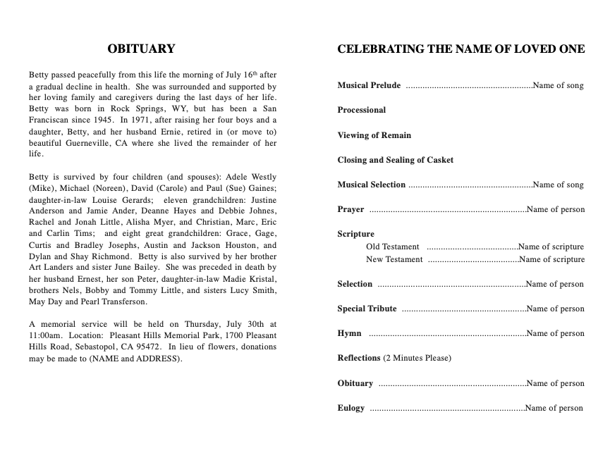 Blank Funeral Bookmark Template