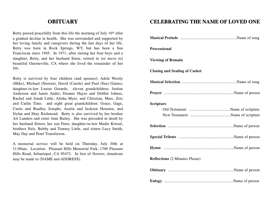 Blank Funeral Program Template.