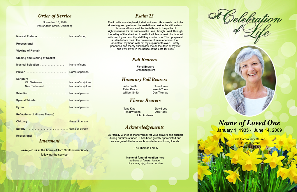Daffodils Trifold Funeral Brochure Template.