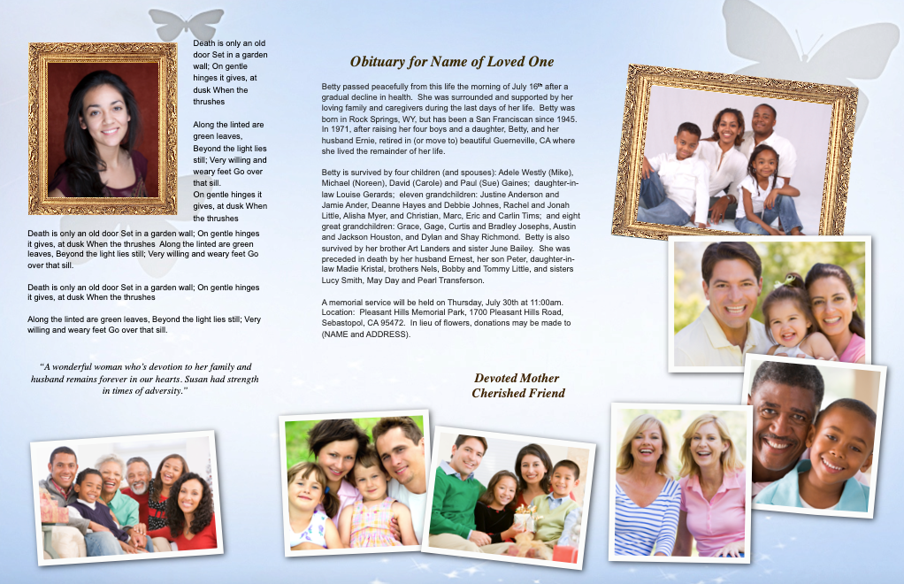 Butterfly Trifold Funeral Brochure Template.