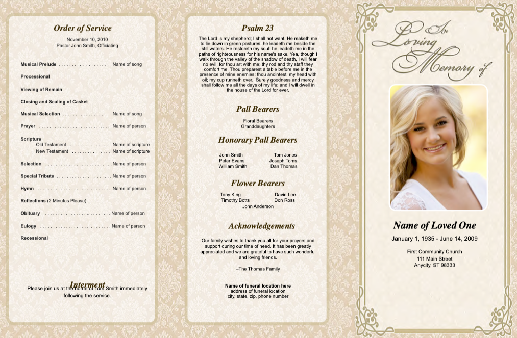 Alexandria Trifold Funeral Brochure Template.