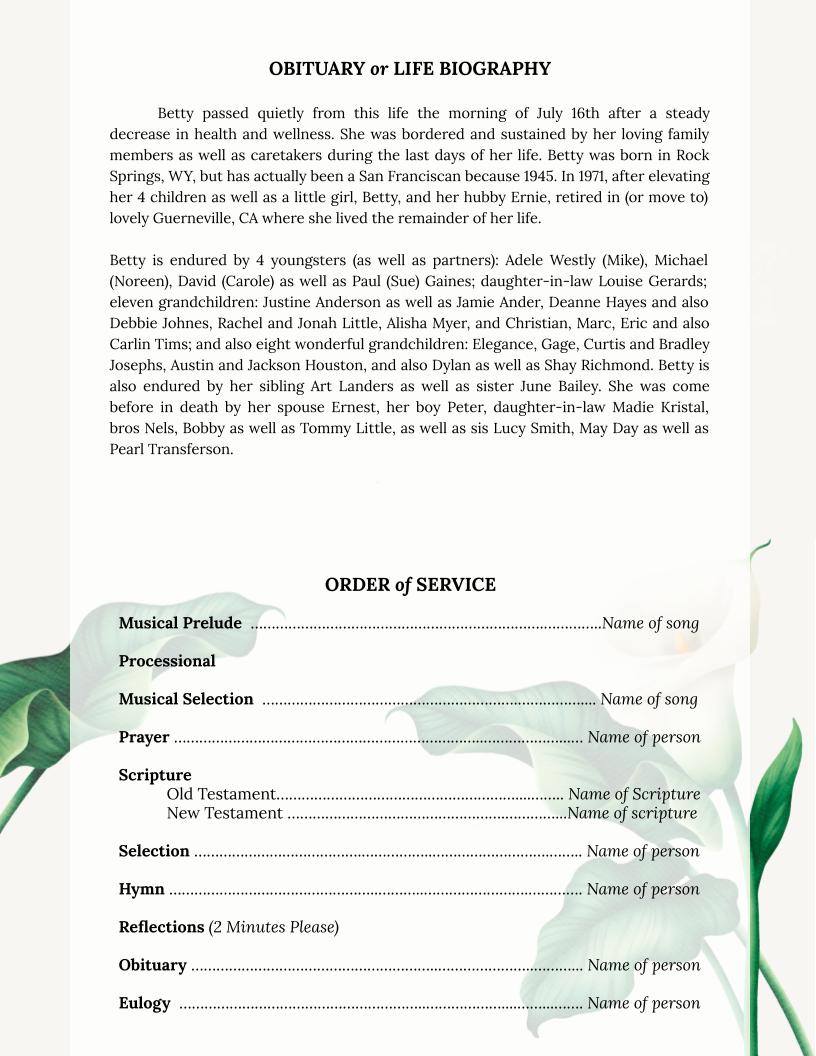 Valley Lily Top Fold Google Docs Funeral Program Template.