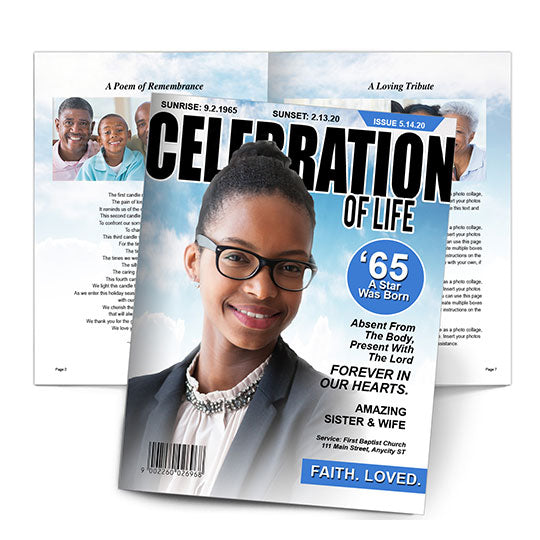 Celebration of Life Magazine Style Funeral Booklet Template.