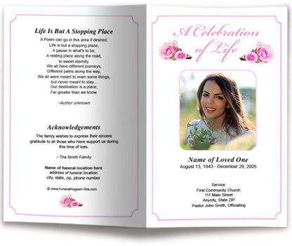 Pink Rose Funeral Program Template.