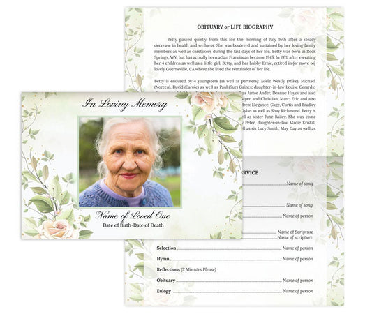 Rose Branches Top Fold Google Docs Funeral Program Template.