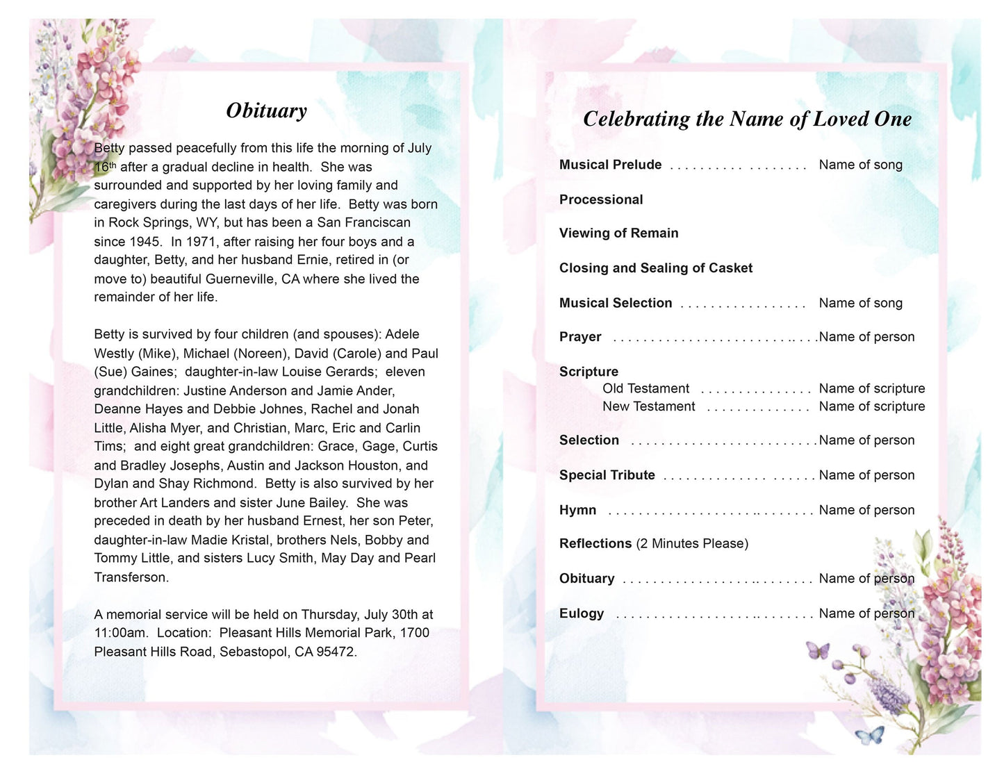 Spring Garden Funeral Program Template