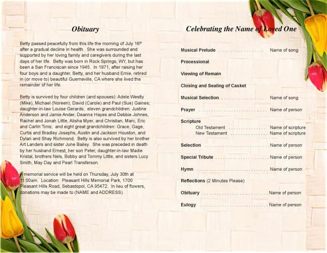 Tulips Funeral Program Template.