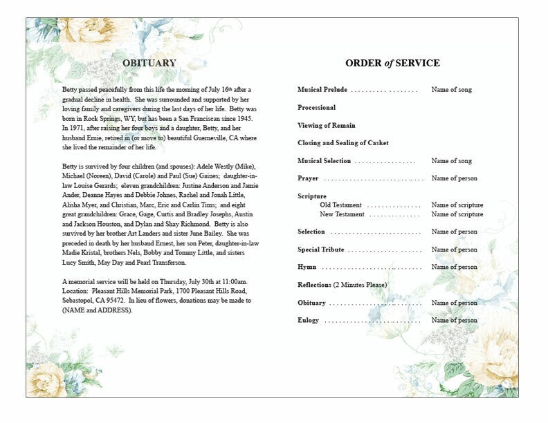 White Blossoms Watercolor Funeral Program Template.