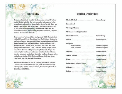 White Blossoms Watercolor Funeral Program Template.