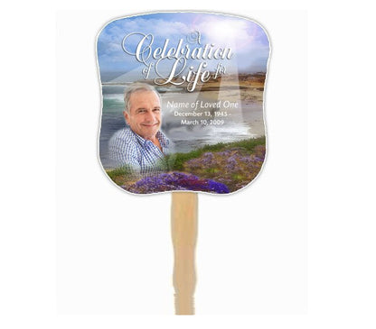 Seascape Cardstock Memorial Fan With Wooden Handle (Pack of 10).