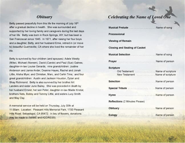 Pheasant Funeral Program Template.
