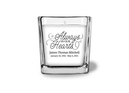 Always In Hearts Personalized Glass Cube Memorial Candle.