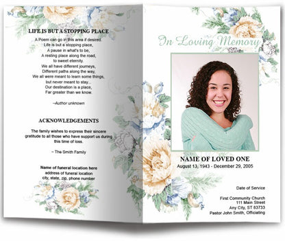 White Blossoms Watercolor Funeral Program Template.