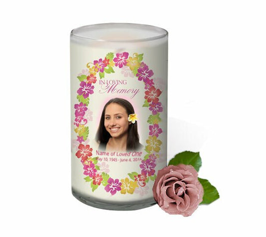Aloha Lei Personalized Glass Memorial Candle.