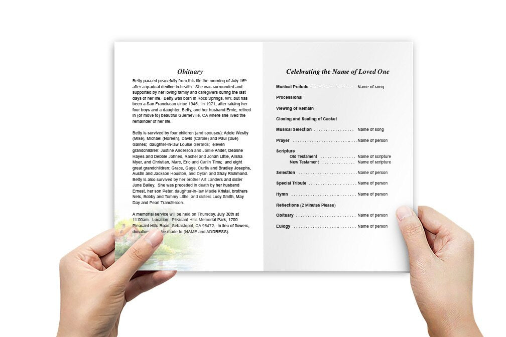 River Watercolor Funeral Program Template.