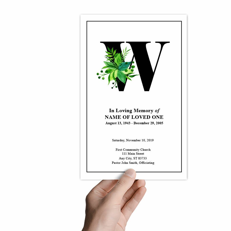 Monogram W Leaves Funeral Program Template.