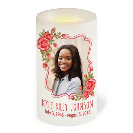 Red Roses Personalized Flameless LED Memorial Candle.